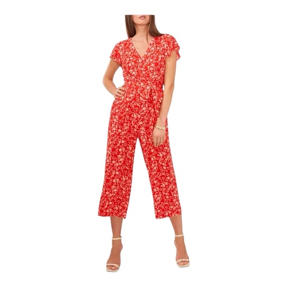 VINCE CAMUTO Fiery Red Island Oasis Flutter Sleeve Floral Cropped Jumpsuit - Picture 1 of 14